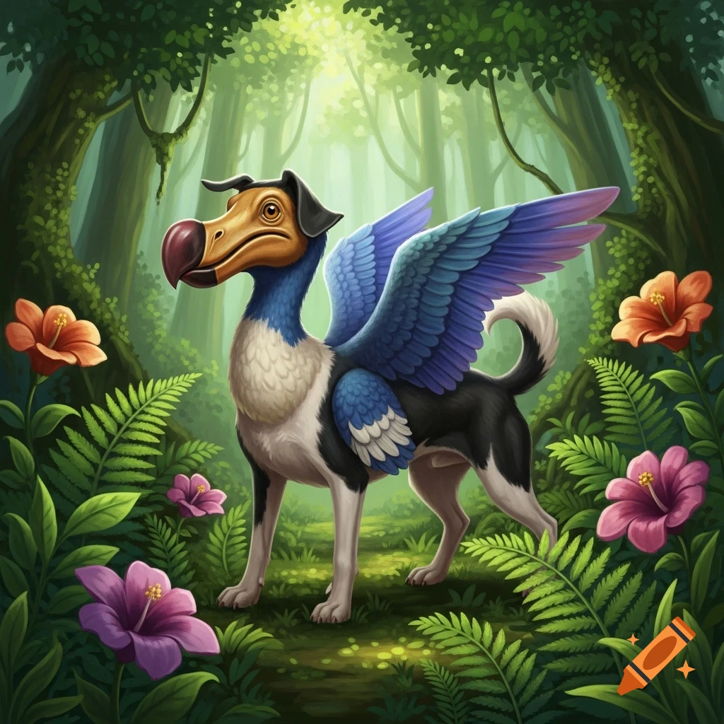A digitally painted dog-dodo hybrid with blue wings stands in a vibrant green jungle with colorful flowers.