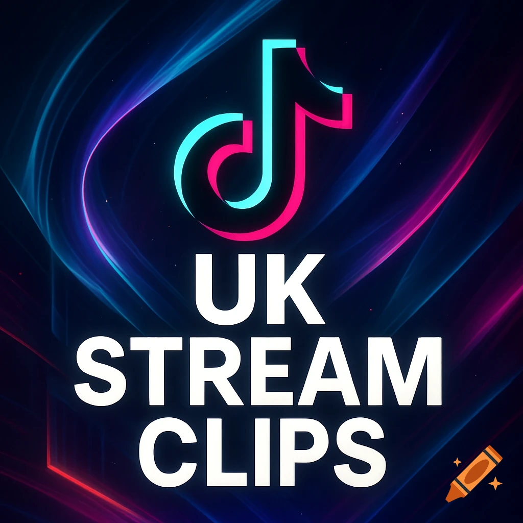 Neon TikTok logo and "UK Stream Clips" text on a dark, glowing abstract background.