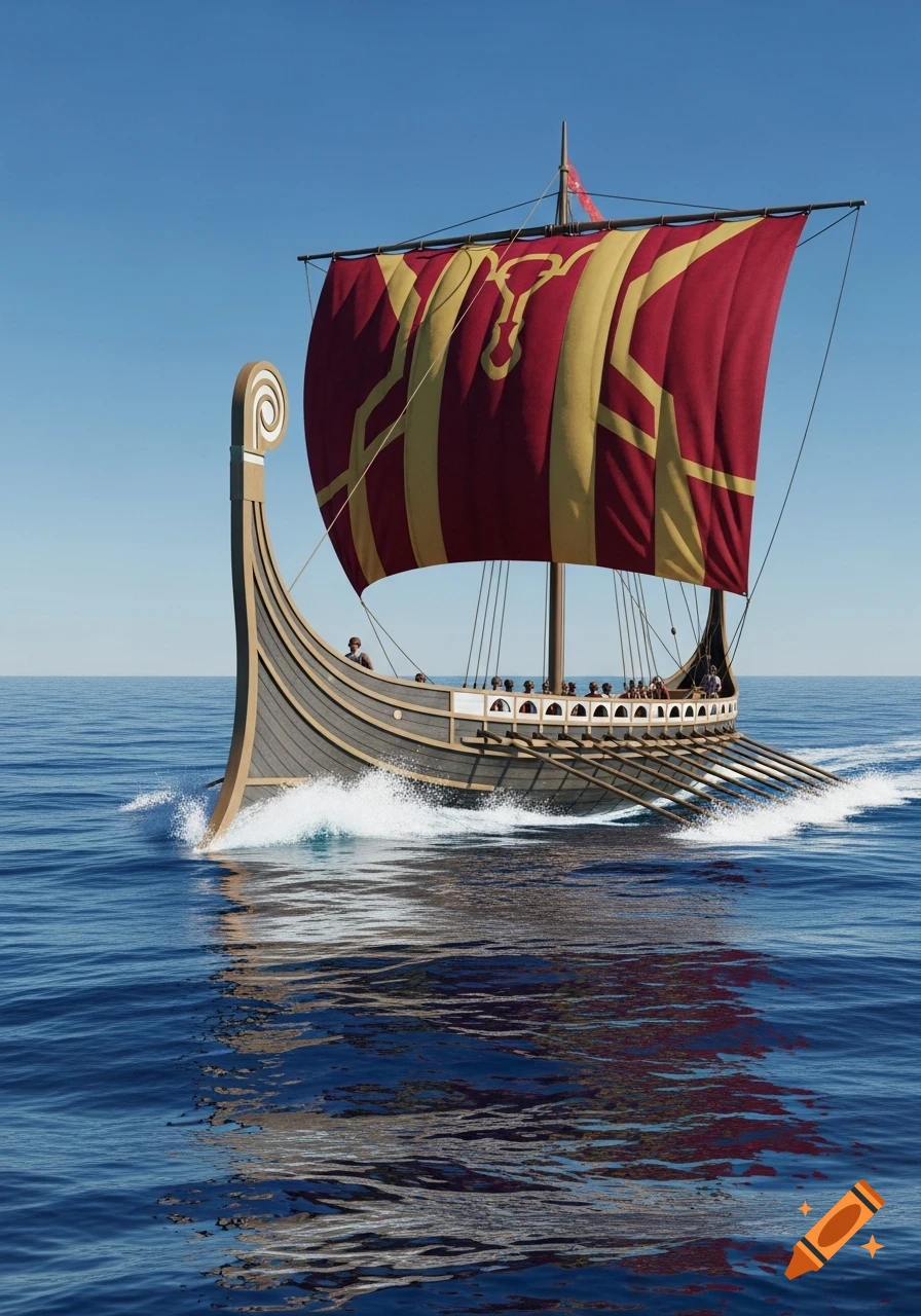 A detailed historical galley with a large red and gold sail and extended oars cuts through blue ocean waters under a clear sky.