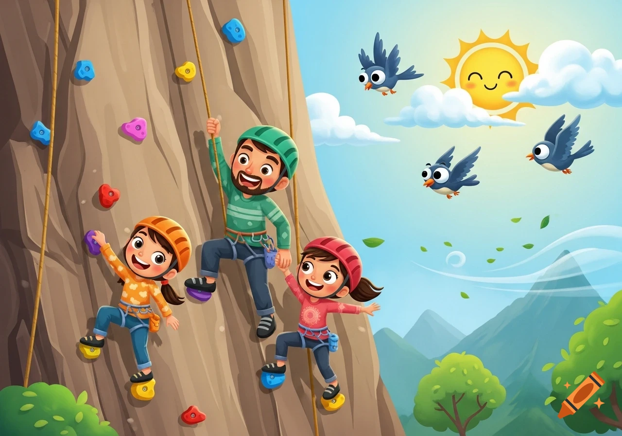 A smiling cartoon family, a father and two children, happily rock climbing up a textured wall on a sunny day with birds flying in the sky.