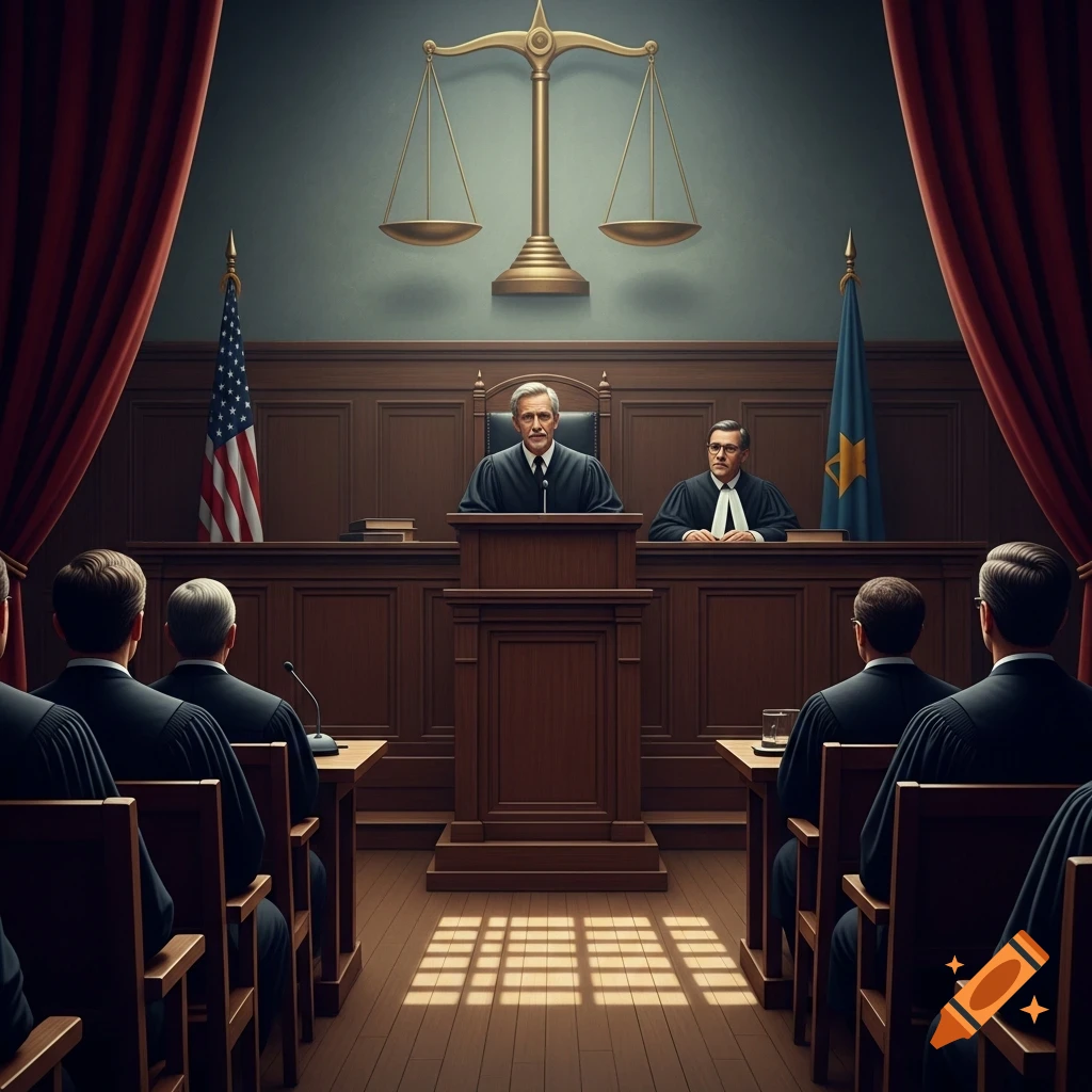 Photorealistic image of a formal courtroom with a judge at a podium, another judge, and people in robes, under a scales of justice symbol.