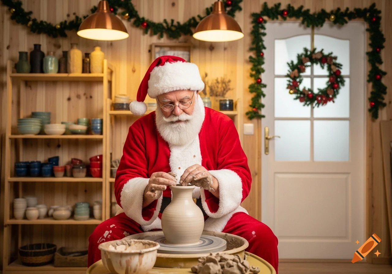 Santa Claus in a red suit making pottery on a potter's wheel in a festive, wood-paneled workshop decorated for Christmas.