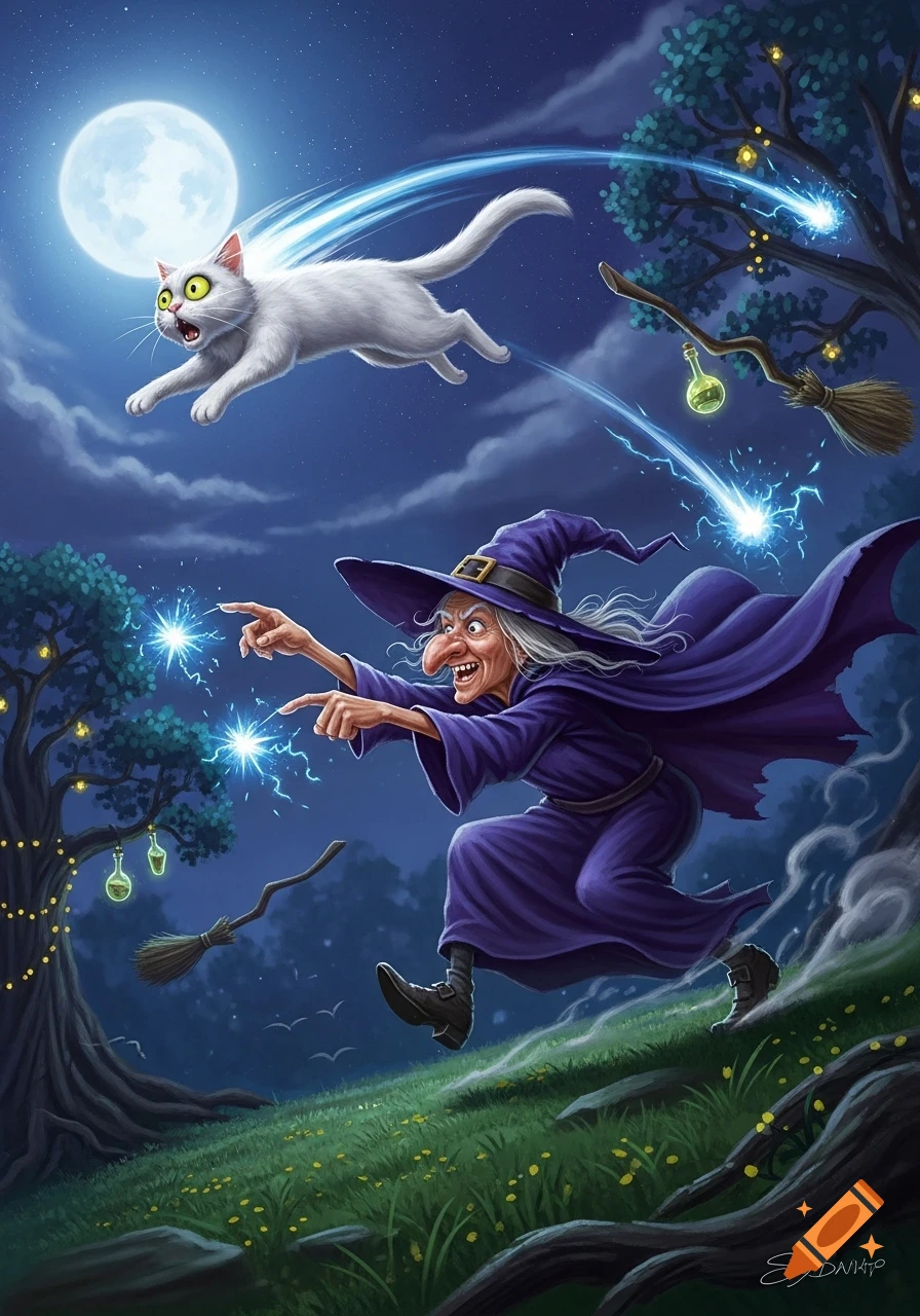 Cartoonish witch running and pointing with magic, while a white cat flies past a full moon at night.