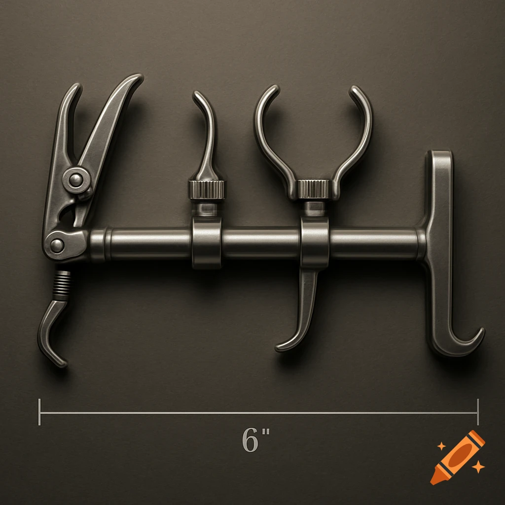A detailed, top-down view of a complex metal tool with various clamps and hooks, marked as six inches long on a dark background.