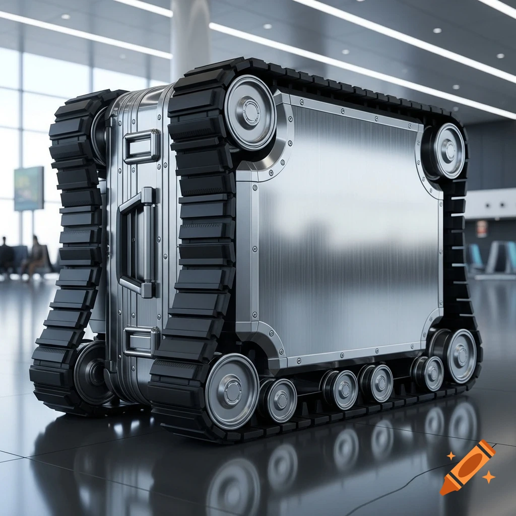 A shiny metallic rectangular suitcase with rubber tank treads on all sides, reflecting on a polished floor in a modern airport.