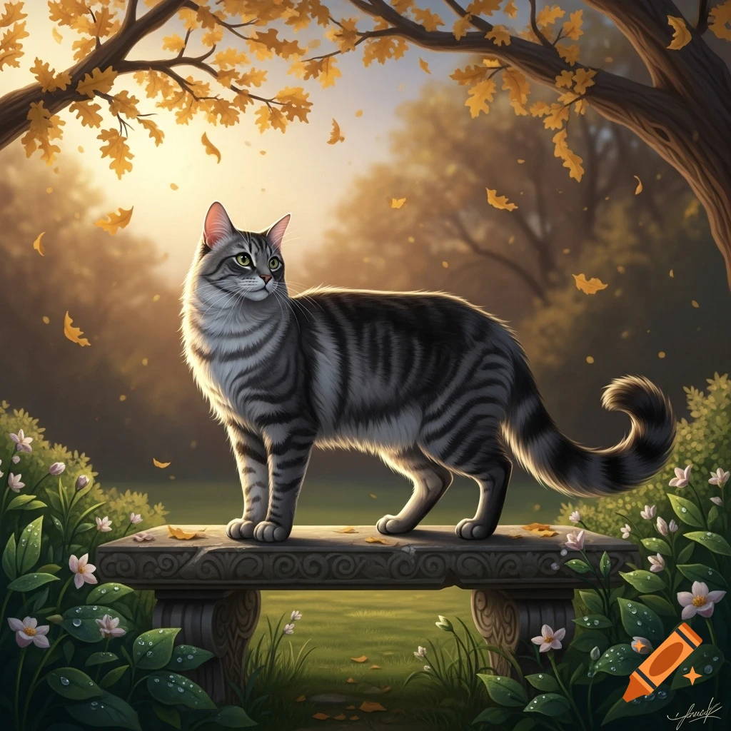A gray tabby cat with green eyes stands on a stone bench in a golden ...