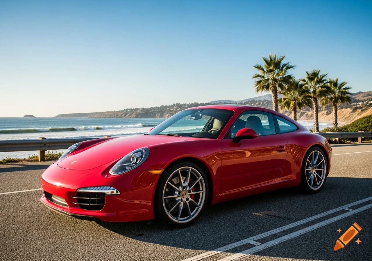 A red Porsche sports car parked on a coastal road overlooking the ocean with palm trees under a clear blue sky.