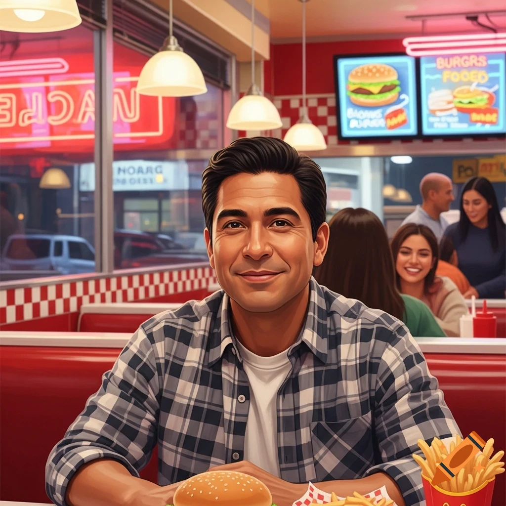 A smiling man in a plaid shirt sits at a red booth in a retro fast-food restaurant with a burger and fries.