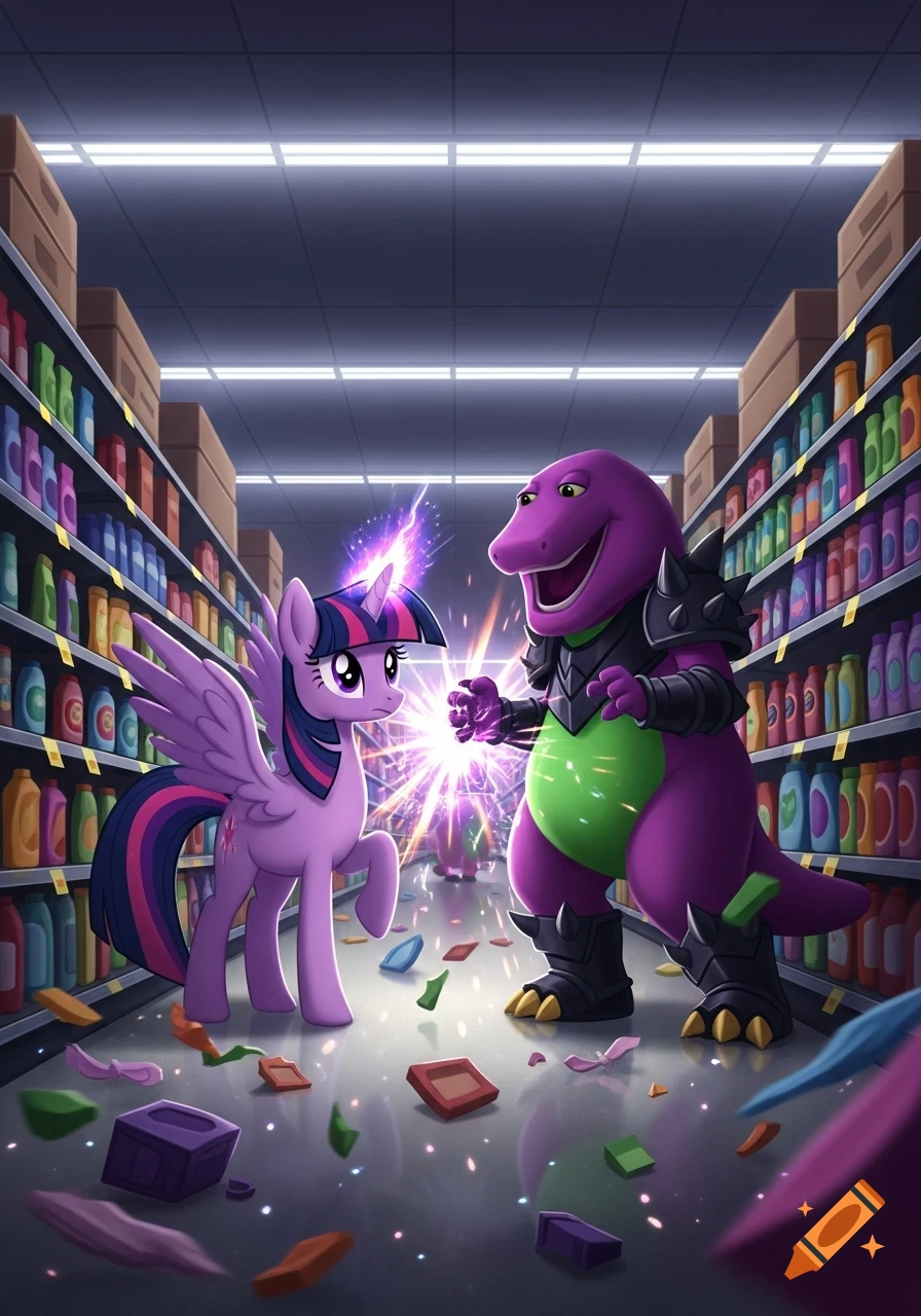 Twilight Sparkle and an armored Barney the Dinosaur battle with magic in a brightly lit supermarket aisle.
