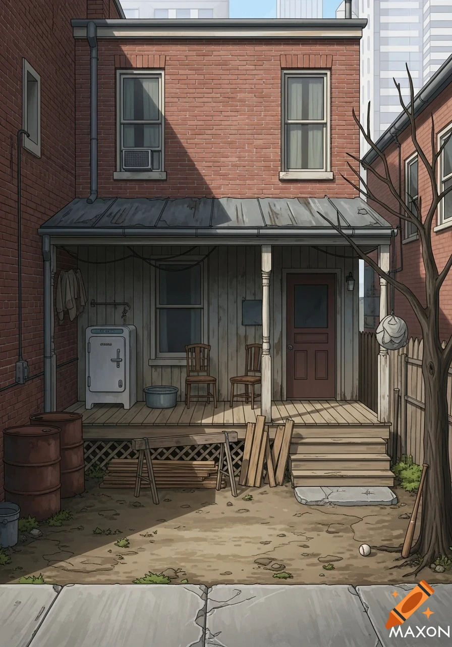 Illustration of a dilapidated two-story brick house with a wooden porch and a dirt yard, featuring an old icebox, lumber, and a baseball bat.