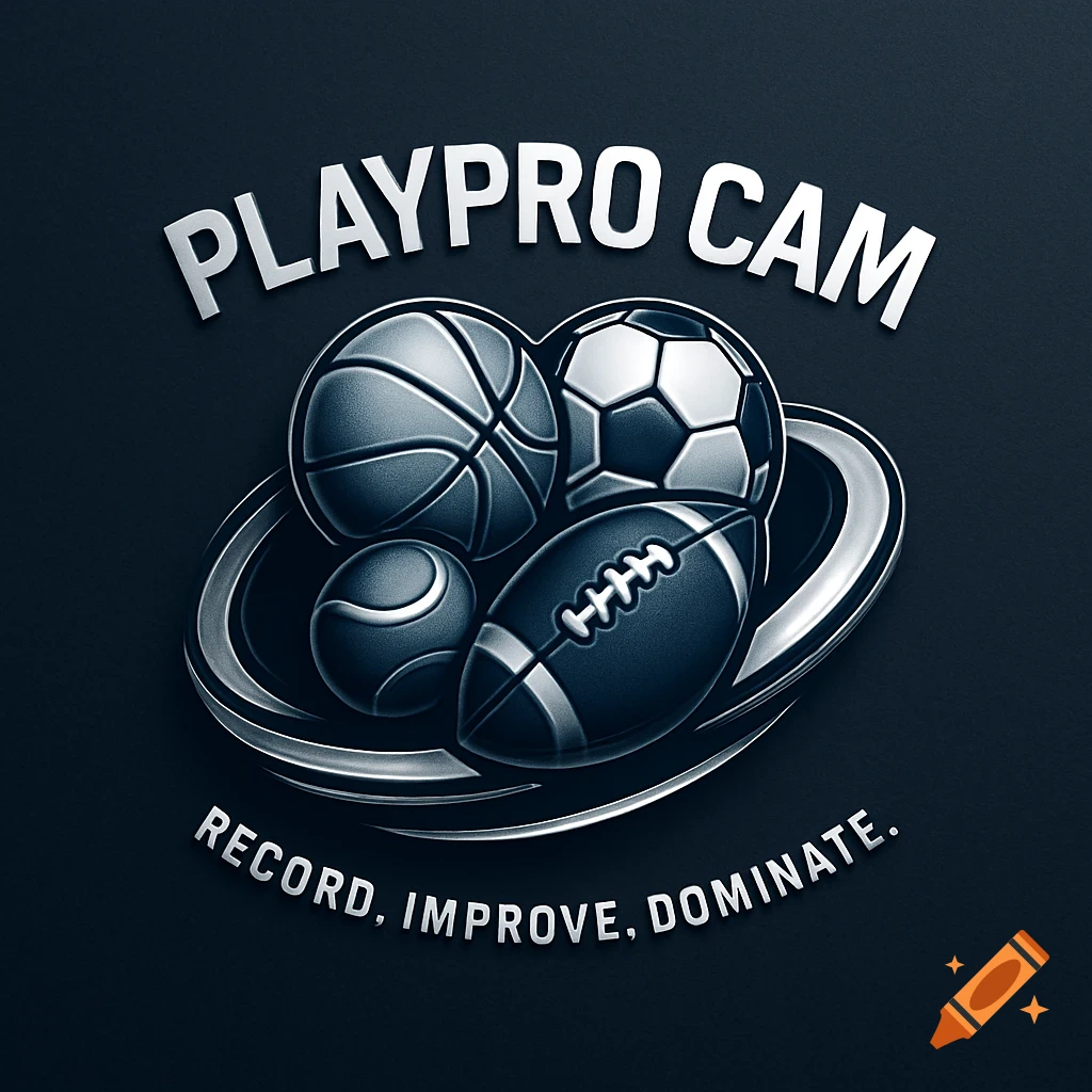 A metallic logo featuring a basketball, soccer ball, tennis ball, and football encircled by a ring, with the text 'PLAYPRO CAM' and 'RECORD. IMPROVE. DOMINATE.' on a dark background.