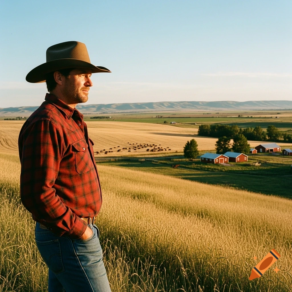 Rugged man in a cowboy hat and red plaid shirt gazes over golden wheat ...