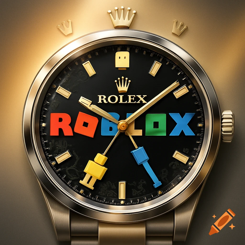 A detailed close-up of a gold Rolex watch with a black face featuring the colorful block letters of the Roblox logo and golden crowns.