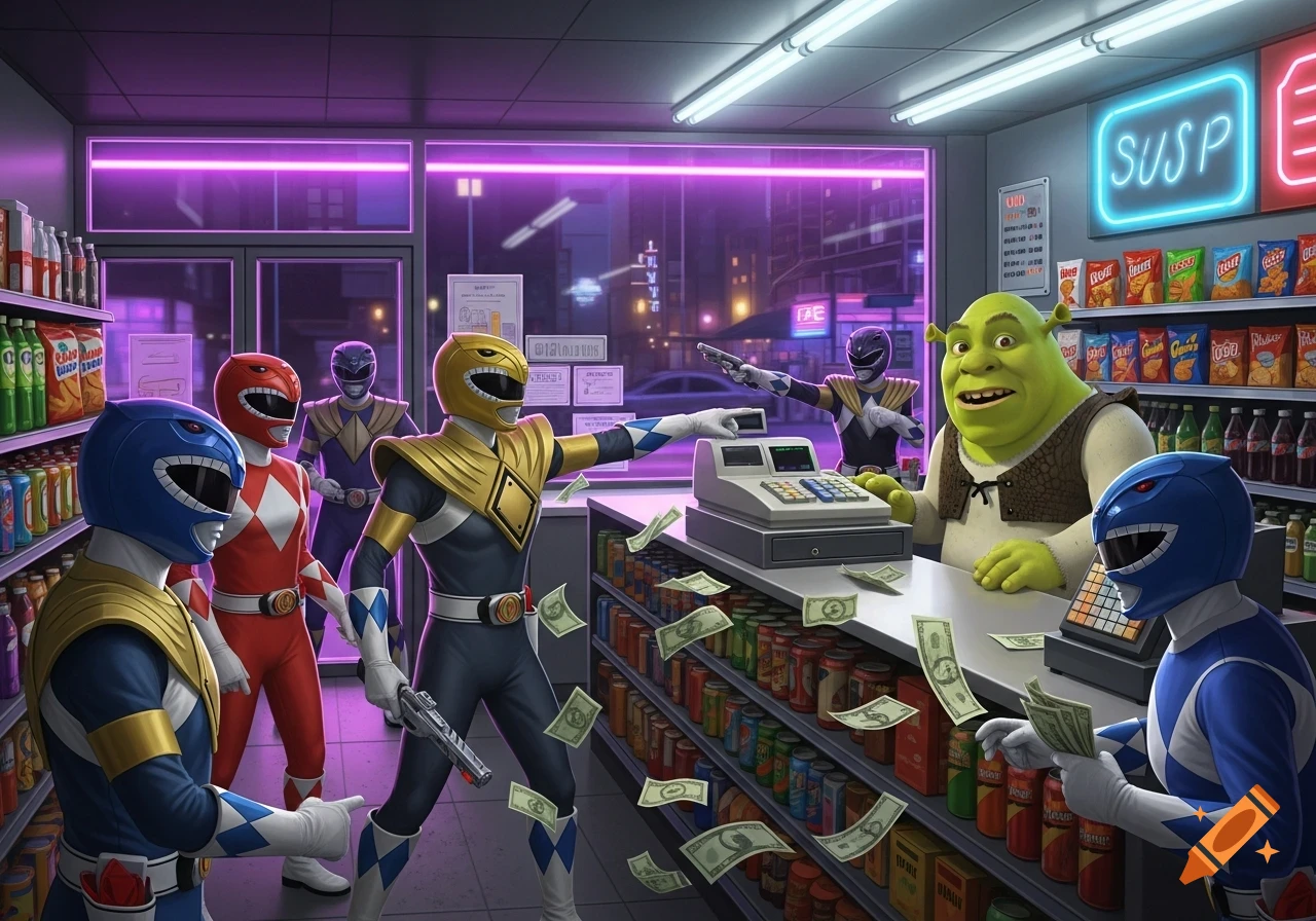 Power Rangers commit armed robbery in a neon-lit convenience store at night, with Shrek as the cashier surrounded by flying money.