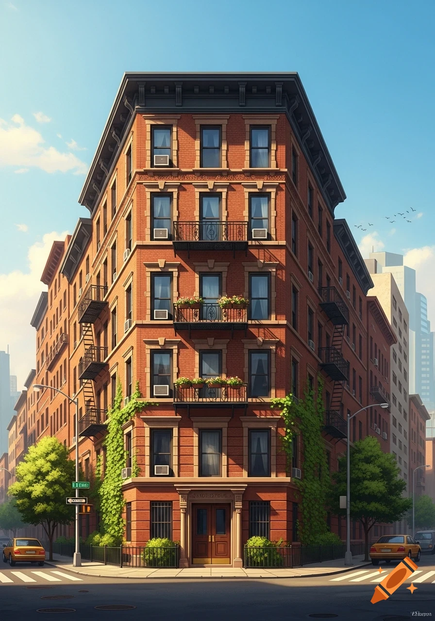 A stylized illustration of a red brick apartment building with green ...