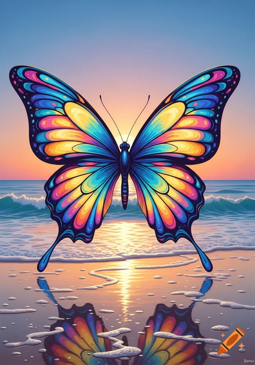 A vibrantly colorful, abstract butterfly with wide wings stands on a wet beach at sunset, reflected in the calm water.