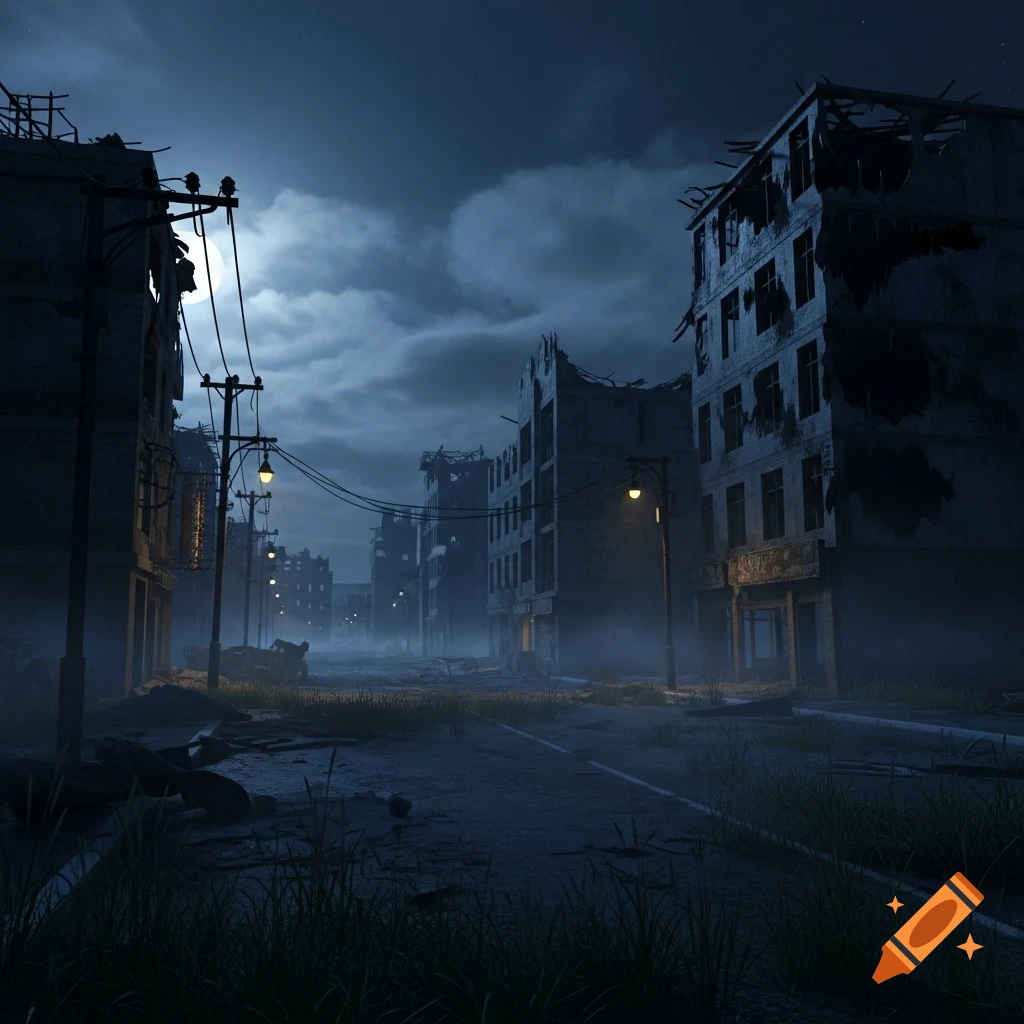 A desolate, ruined city street at night, lined with crumbling buildings under a cloudy sky and full moon.