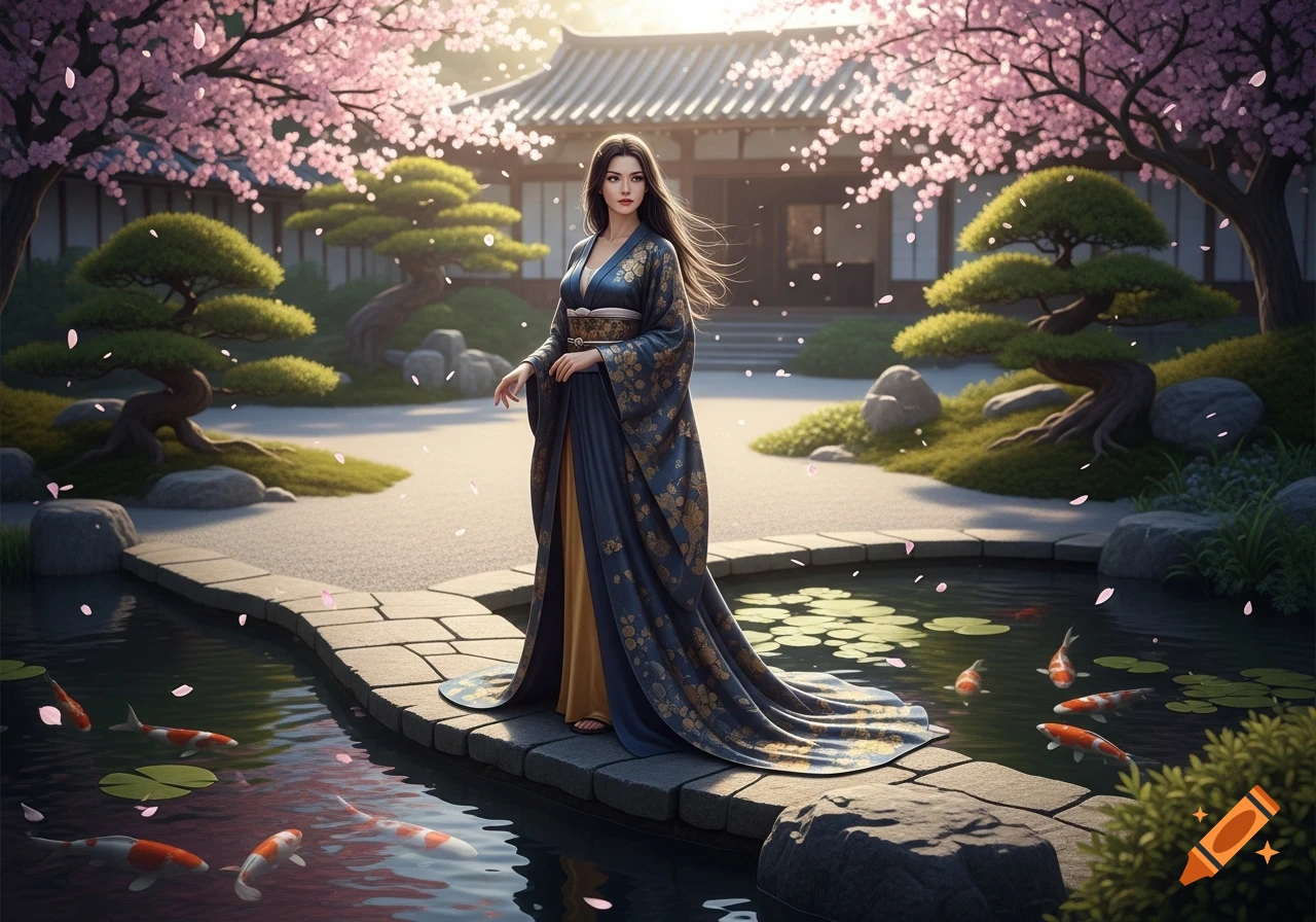 A woman in a blue and gold kimono stands in a Japanese garden with cherry blossoms, a koi pond, and a traditional house.