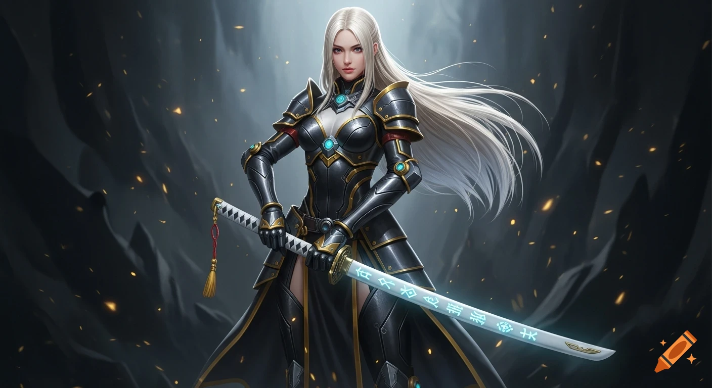 A blonde warrior woman in black and gold armor holds a glowing katana ...
