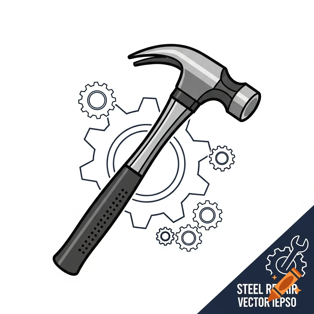 Vector illustration of a grey claw hammer with a black handle over outline gears on a white background.