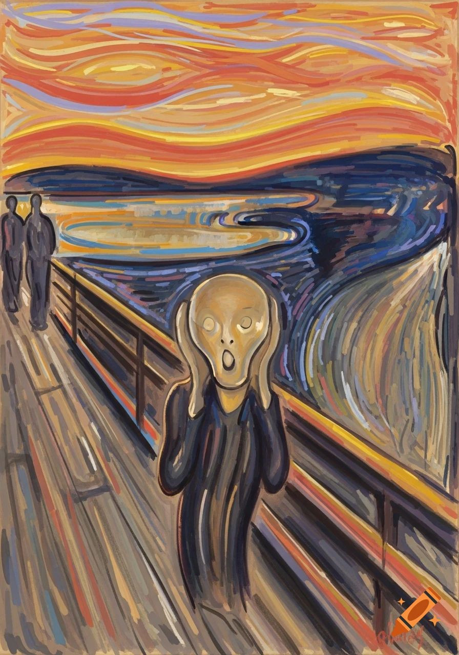 Expressionist painting of a figure screaming on a bridge under a vibrant, swirling sky, in the style of Edvard Munch's The Scream.