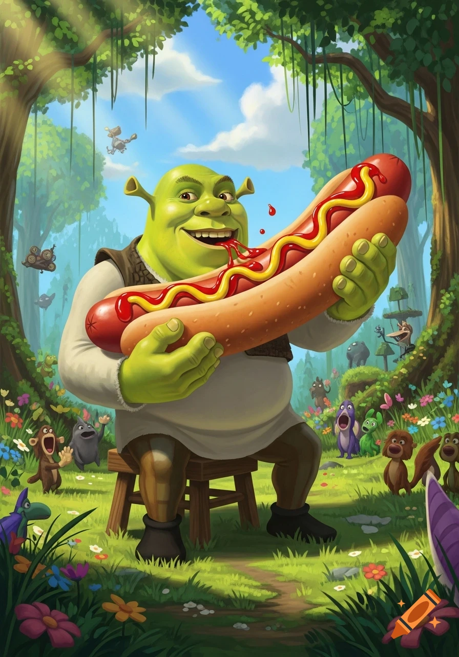 Shrek sits on a stool in a vibrant forest, happily holding and salivating over a gigantic hotdog with ketchup and mustard, surrounded by small creatures.