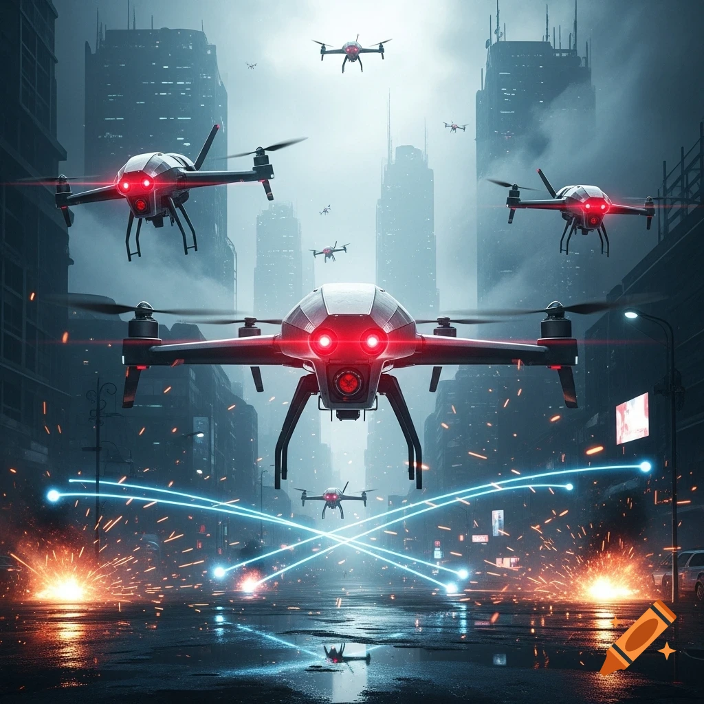 Multiple menacing drones with glowing red eyes fly over a dark, wet futuristic city street with sparks and blue laser lines.