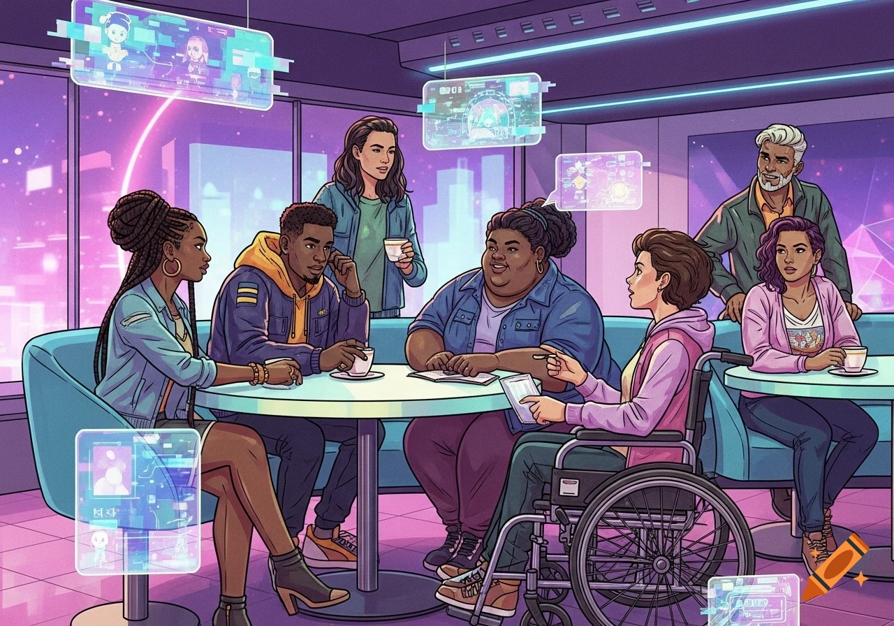 A diverse group of people in a futuristic pop art cafe with holographic displays.
