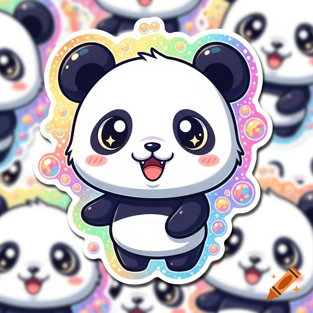 A cute, colorful chibi panda sticker with a shiny effect and playful expression.