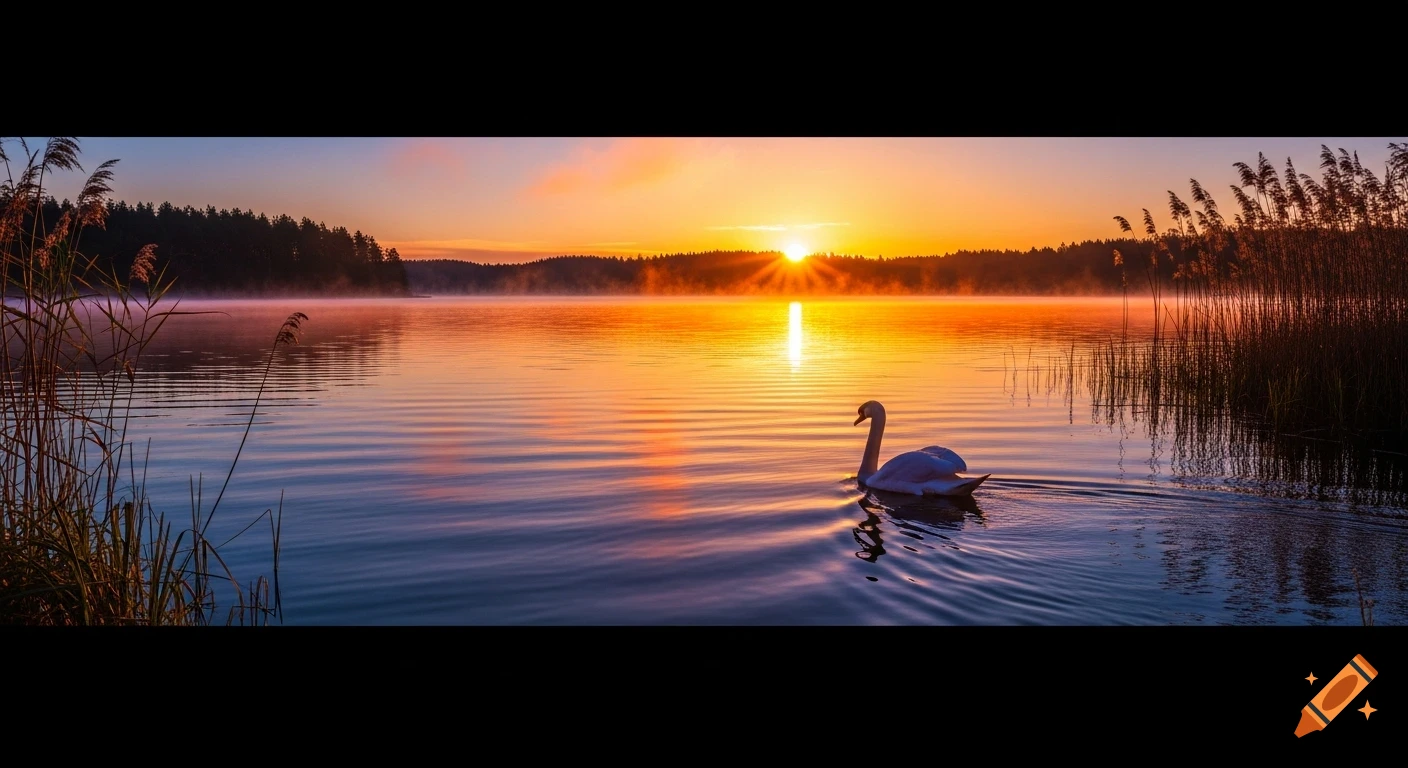 A white swan glides across a calm lake during a vibrant sunrise, with a misty forest and tall reeds.