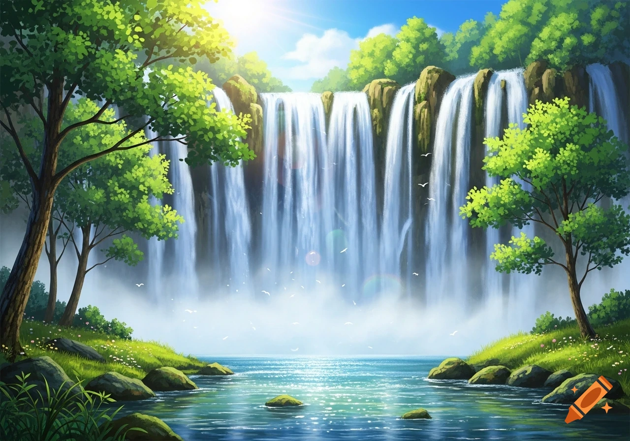 Illustrative landscape of a grand waterfall flowing into a river, surrounded by vibrant green trees and rocks under a sunny sky.