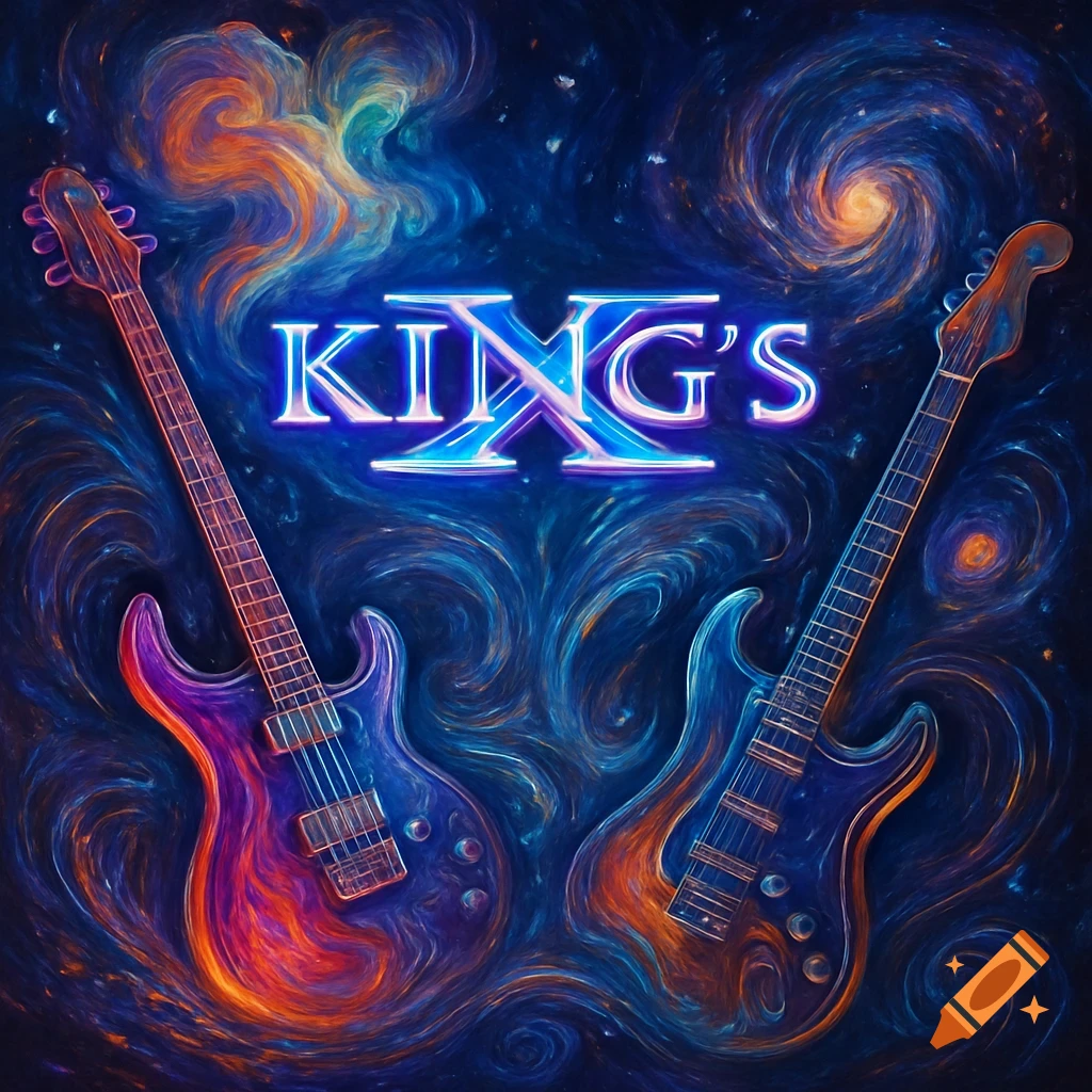 Neon blue KING'S X text above two stylized electric guitars, set against a swirling blue and orange cosmic nebula background in a painterly art style.