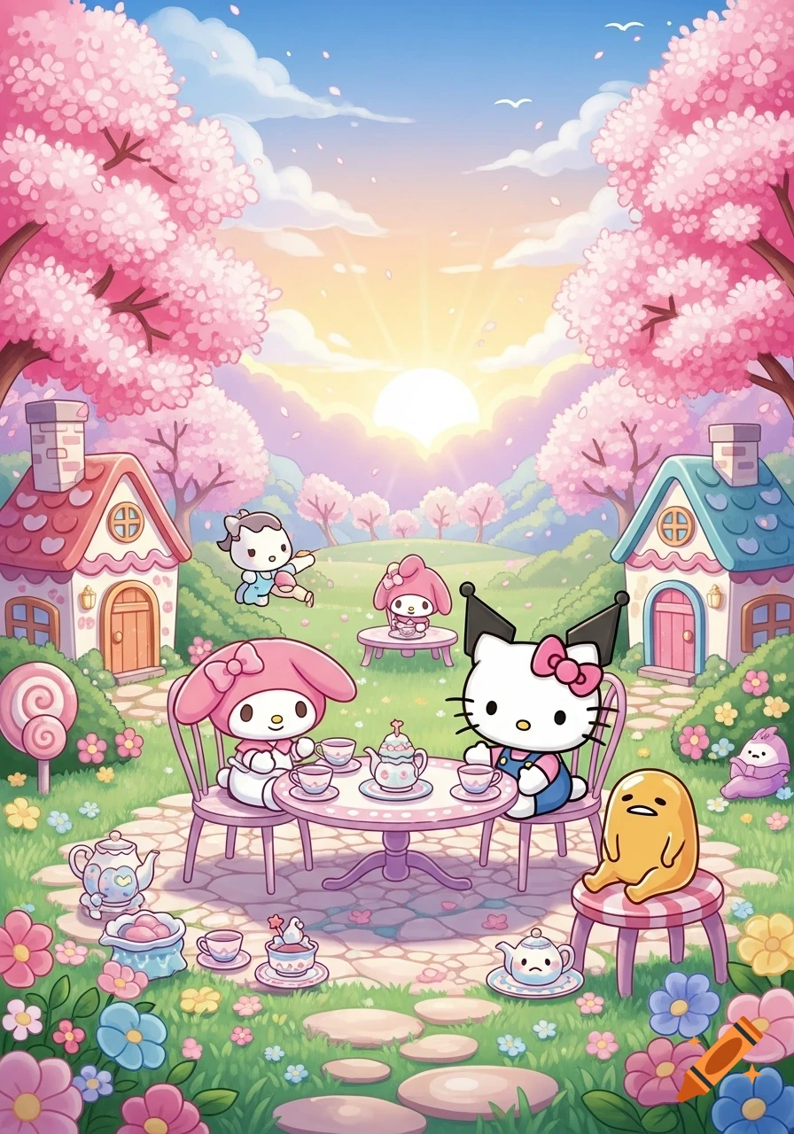 Hello Kitty, My Melody, and friends have a tea party in a vibrant, cute cartoon garden with cherry blossom trees and pastel houses.