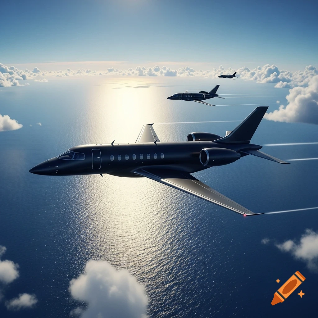 Several black private jets fly in formation over a vast blue ocean with sunlight reflecting on the water, under a partly cloudy sky.