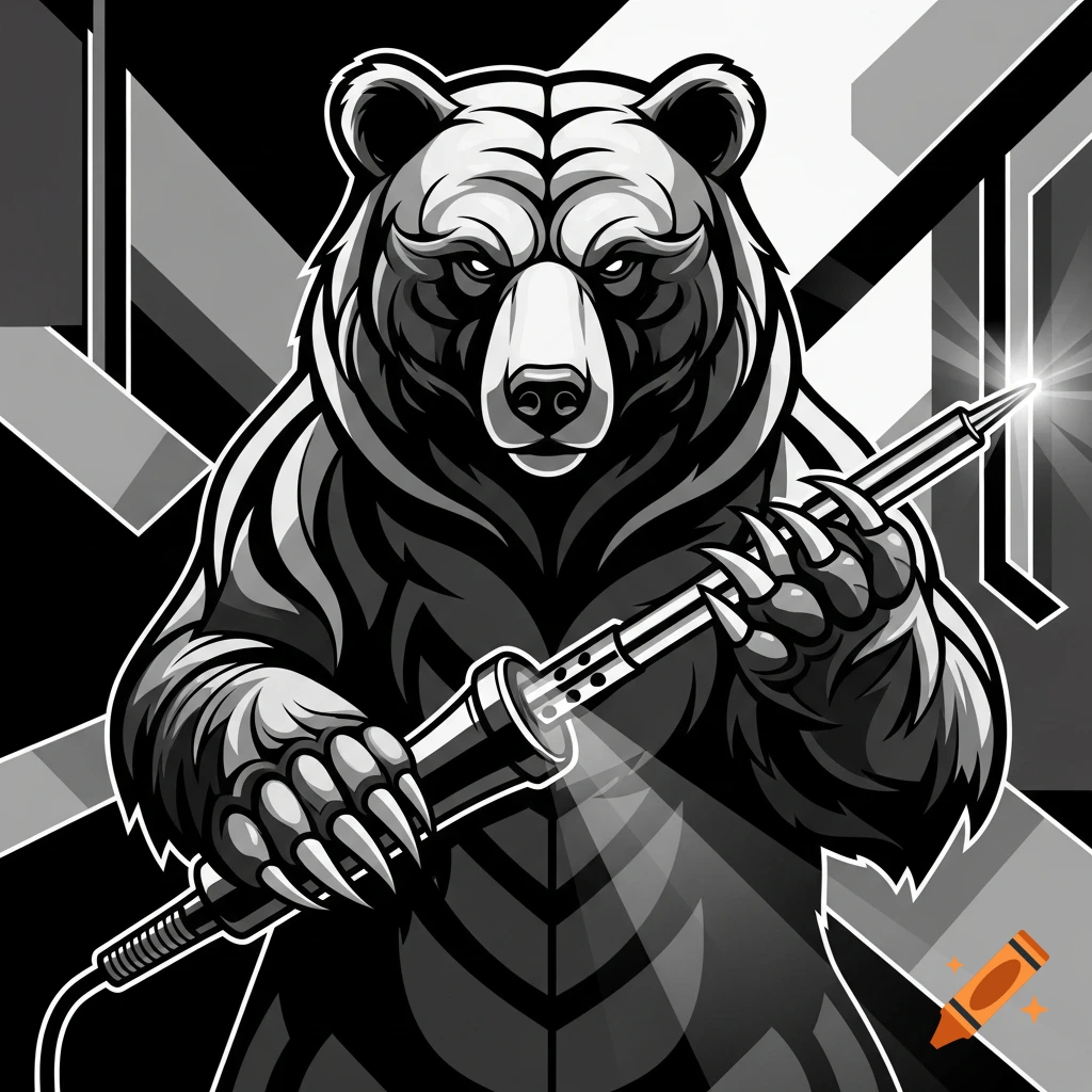 An abstract monochrome drawing of a bear holding a glowing soldering iron, with a geometric background.