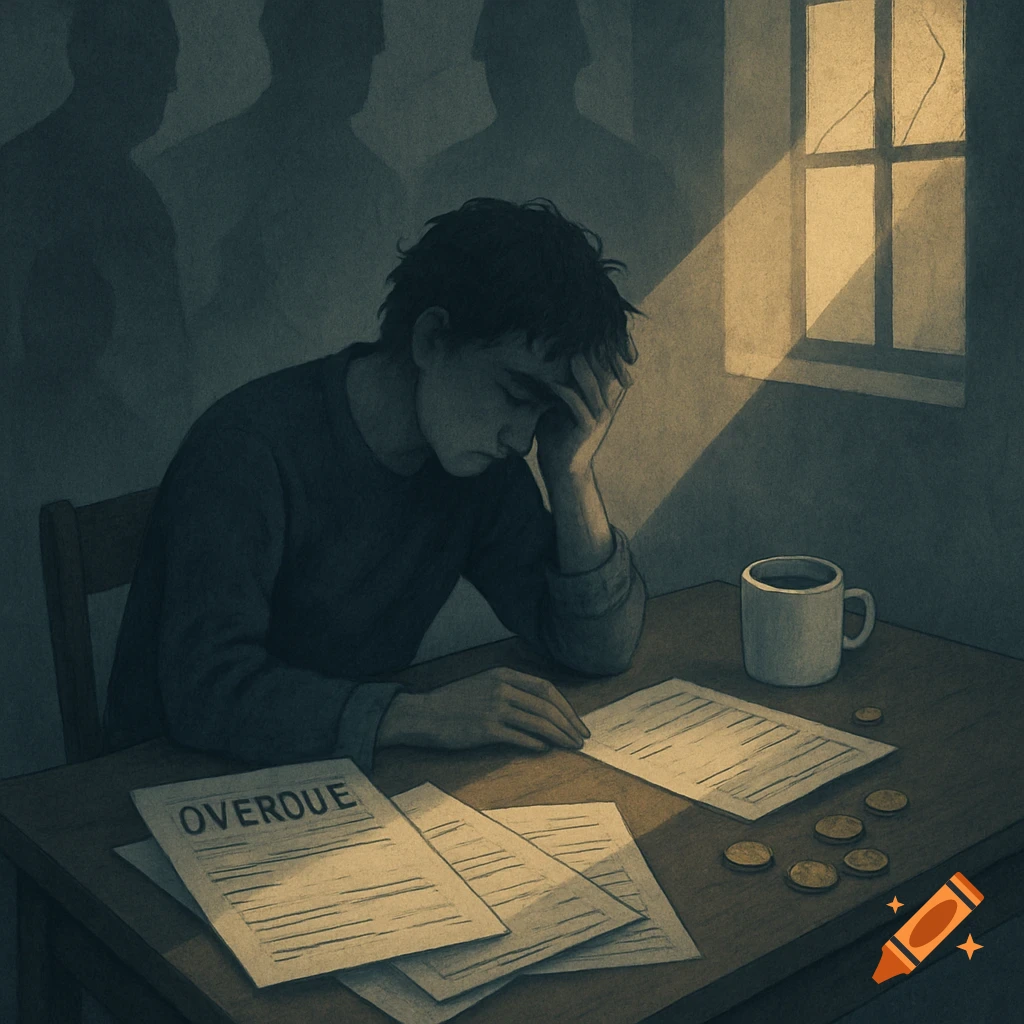 An illustration of a distressed man with his head in his hands, looking at overdue bills and coins on a table, with shadowy figures in the background.