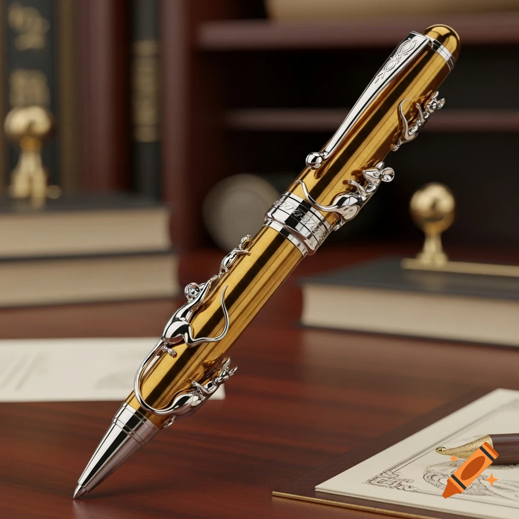 A luxurious gold and silver fountain pen adorned with small silver mice, resting on a wooden desk with books in the background.