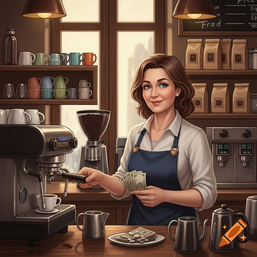Smiling female barista in a blue apron makes coffee at an espresso machine in a warm coffee shop, holding change. Illustration.
