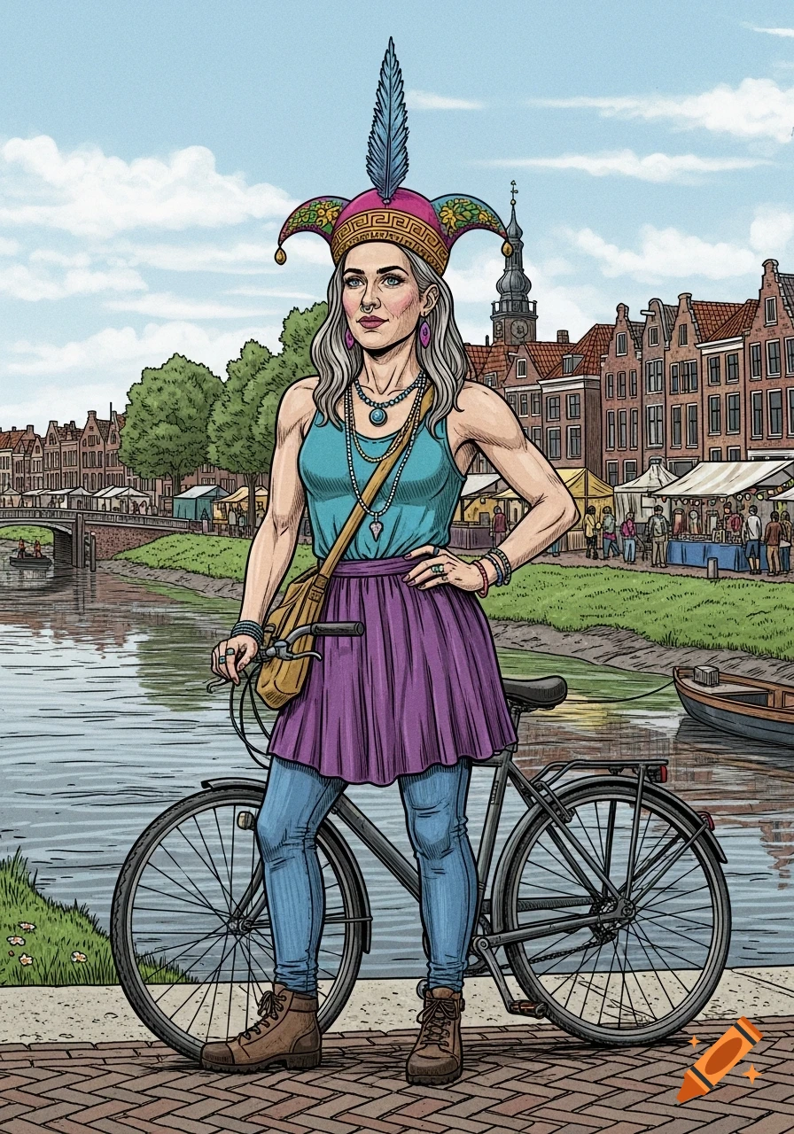 An illustrated woman with a jester's hat stands beside a bicycle on a brick path next to a canal with traditional European buildings and market stalls in the background.