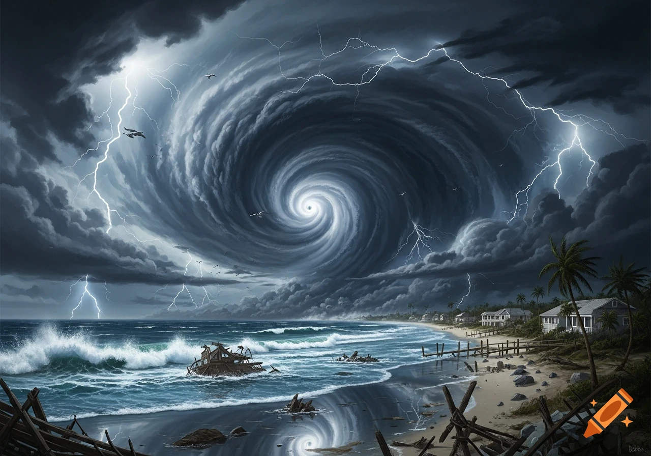 A massive hurricane with a swirling eye devastates a coastal town, with lightning, crashing waves, and debris on the beach.