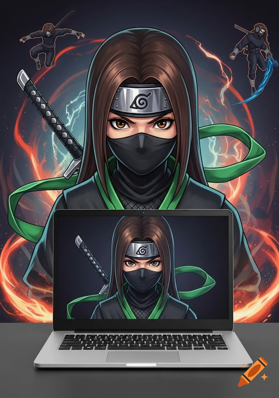 Anime-style ninja woman with a headband and mask, displayed on a laptop screen and as a larger background image.