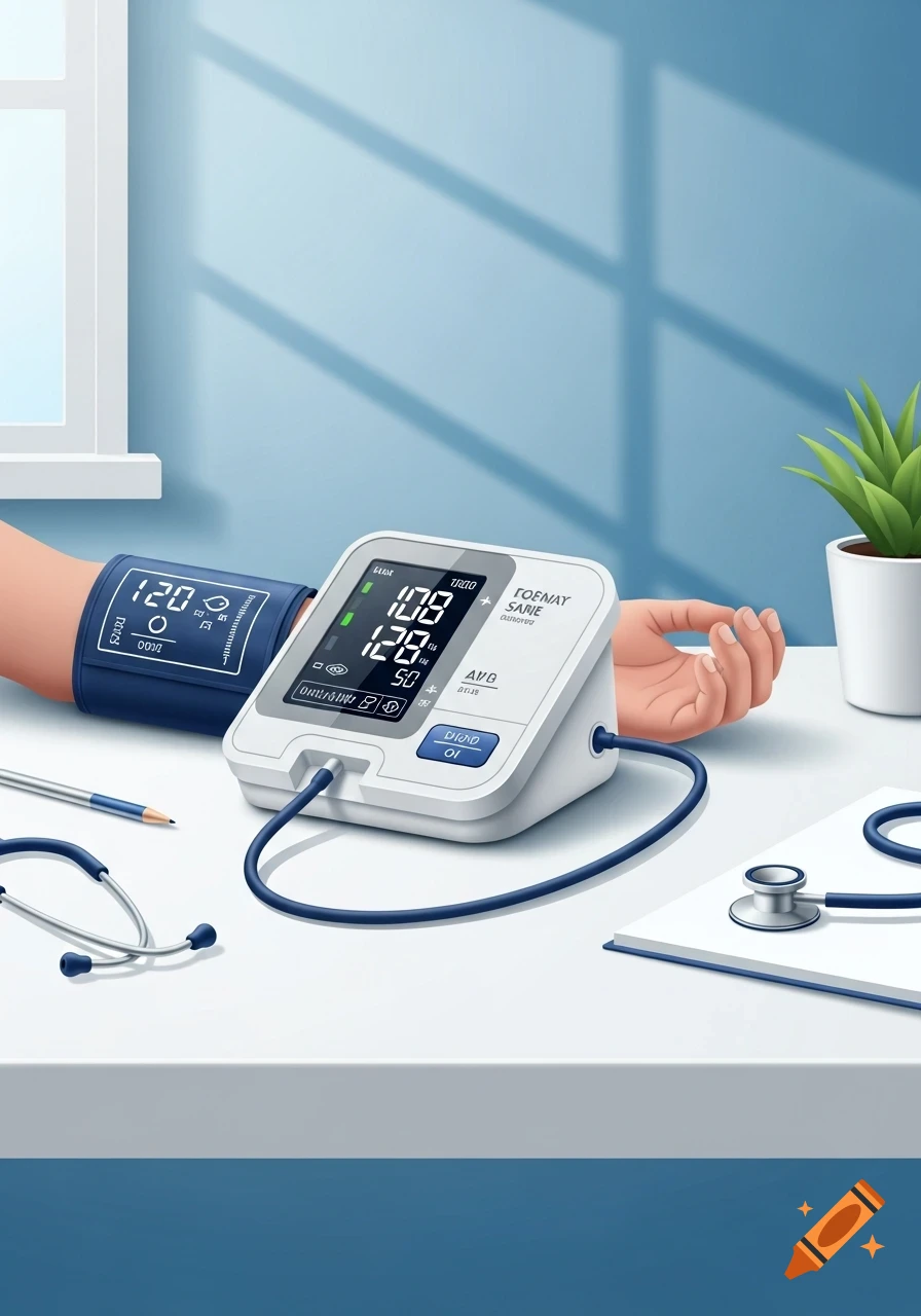 An illustration of a blood pressure monitor on a white desk, with a person's arm wearing the cuff and a stethoscope nearby.