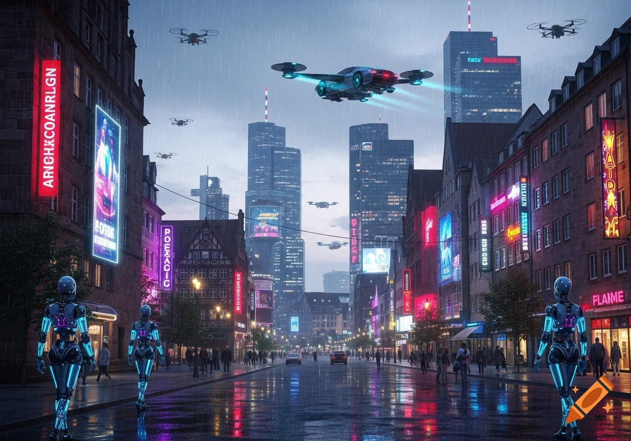 Neon Ai Works Rainy cyberpunk cityscape with neon signs, flying vehicles, and two ...