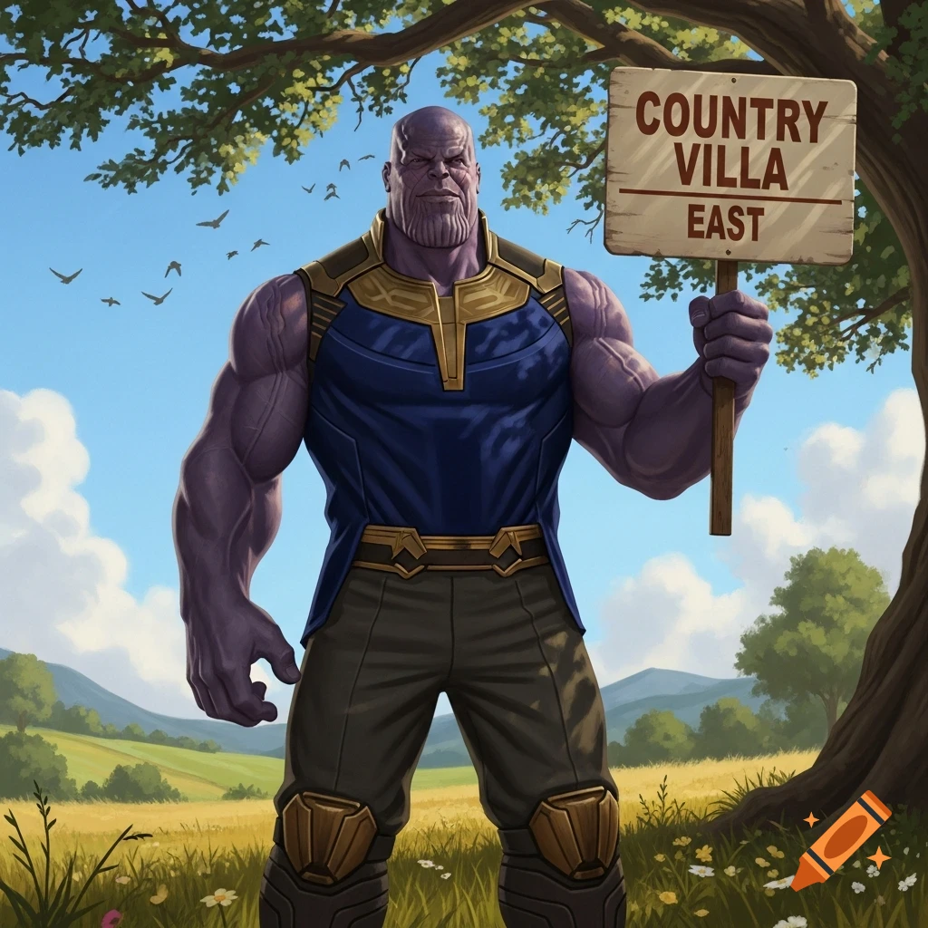Thanos, a large purple humanoid, stands in a green field under a tree, holding a wooden sign that reads "COUNTRY VILLA EAST".