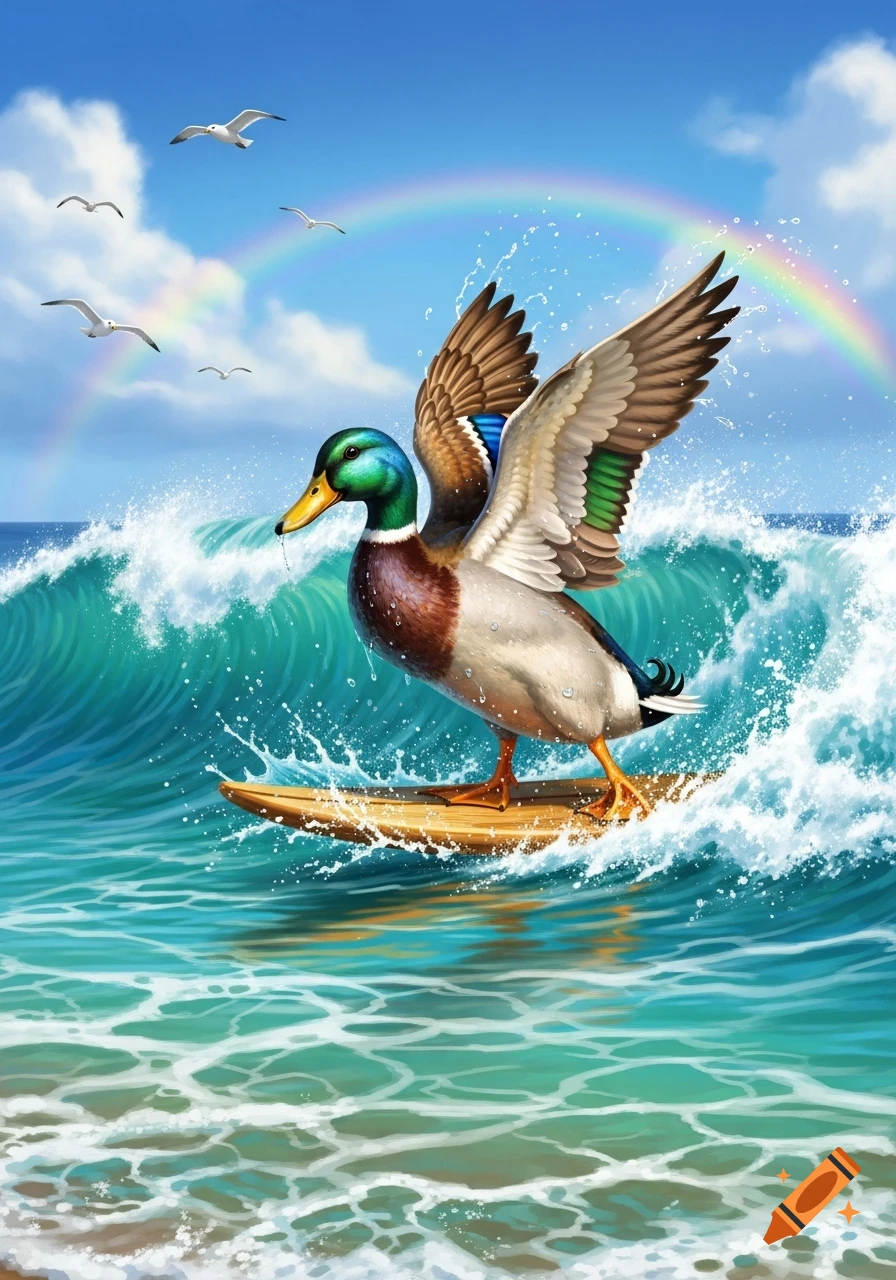 A cartoon mallard duck with outstretched wings surfs a blue ocean wave under a bright sky with a rainbow and seagulls.