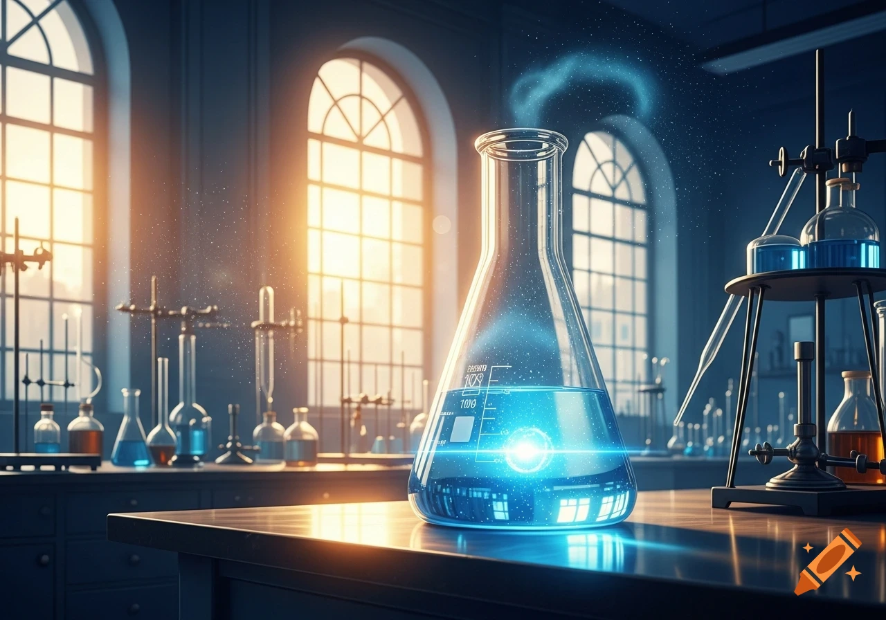 A large Erlenmeyer flask with glowing blue liquid sits on a lab counter, illuminated by sunlight through arched windows.