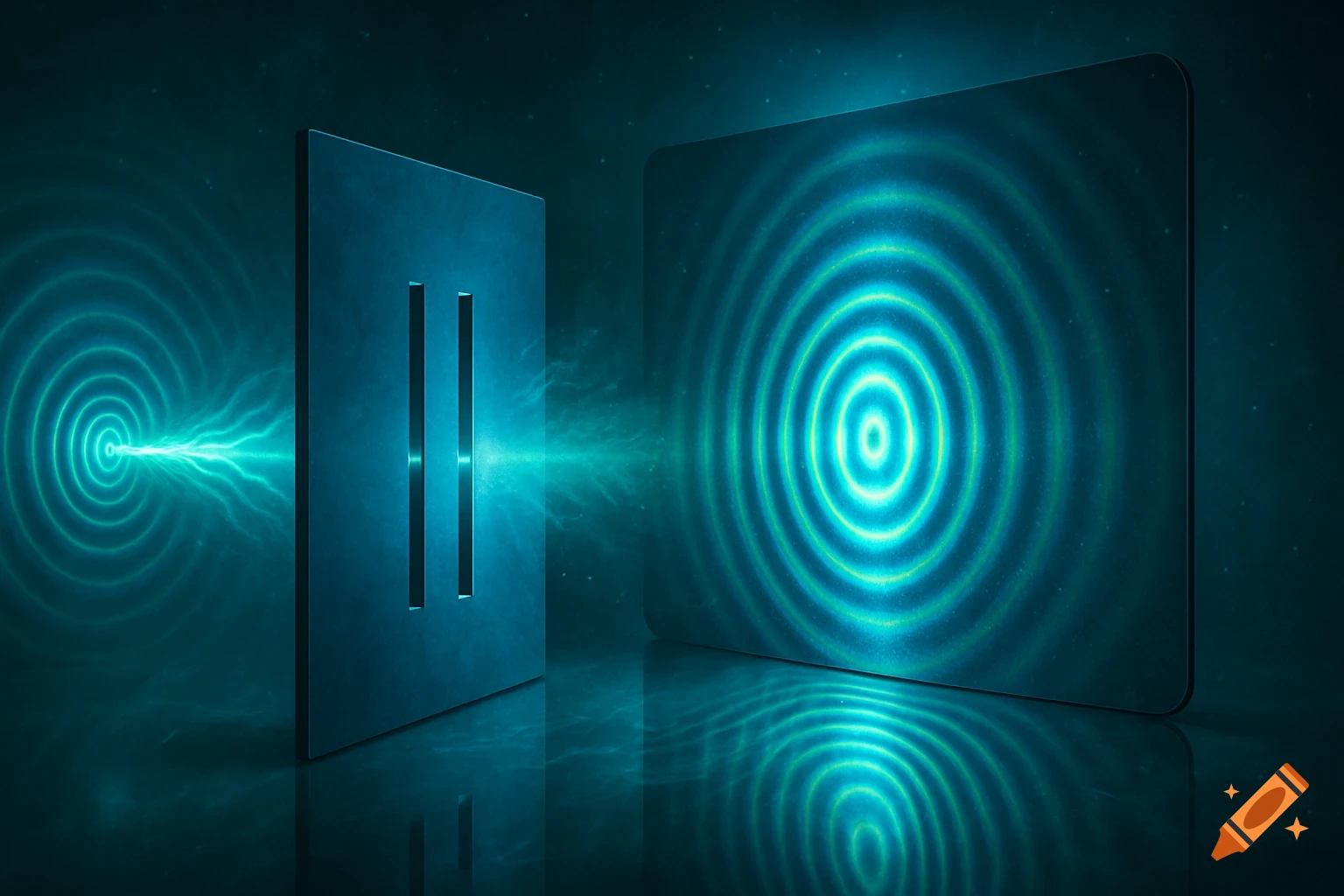 A glowing blue representation of the double-slit experiment showing wave interference through two slits on a dark, reflective surface.