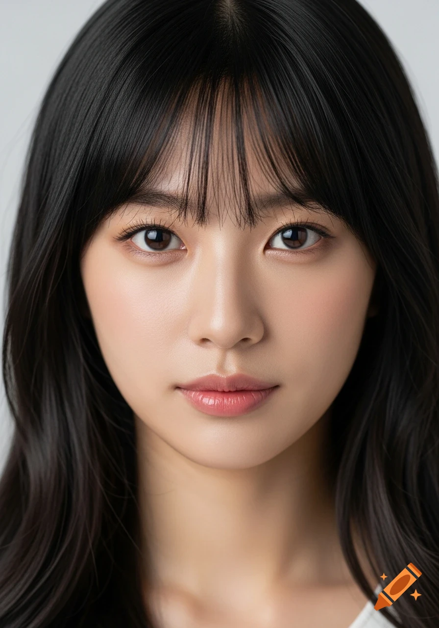 A photorealistic close-up portrait of a Korean woman with long black hair and bangs, looking directly at the viewer.