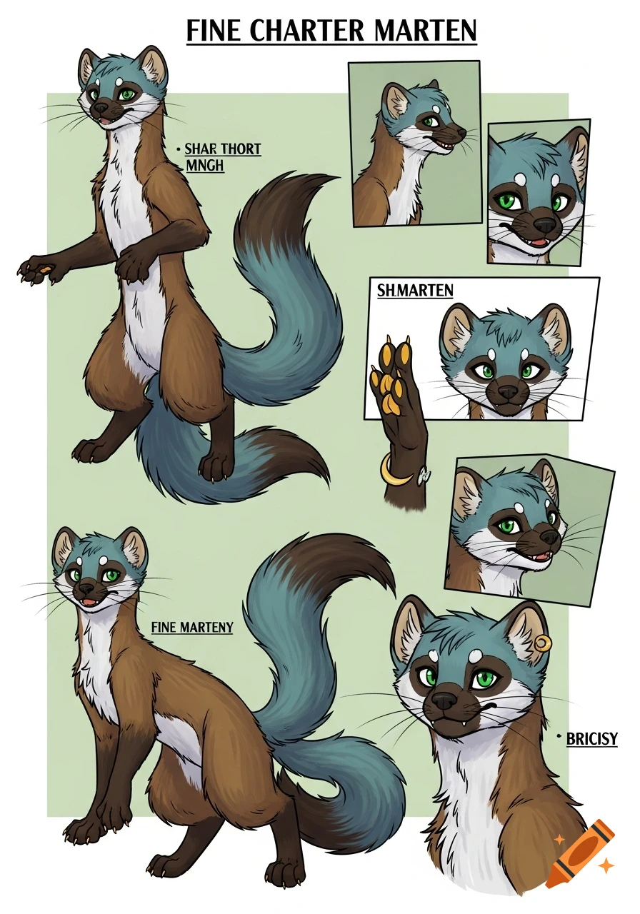 A detailed character sheet of an anthropomorphic marten with brown fur, white chest, and a blue-tipped tail, shown in various poses and facial expressions.