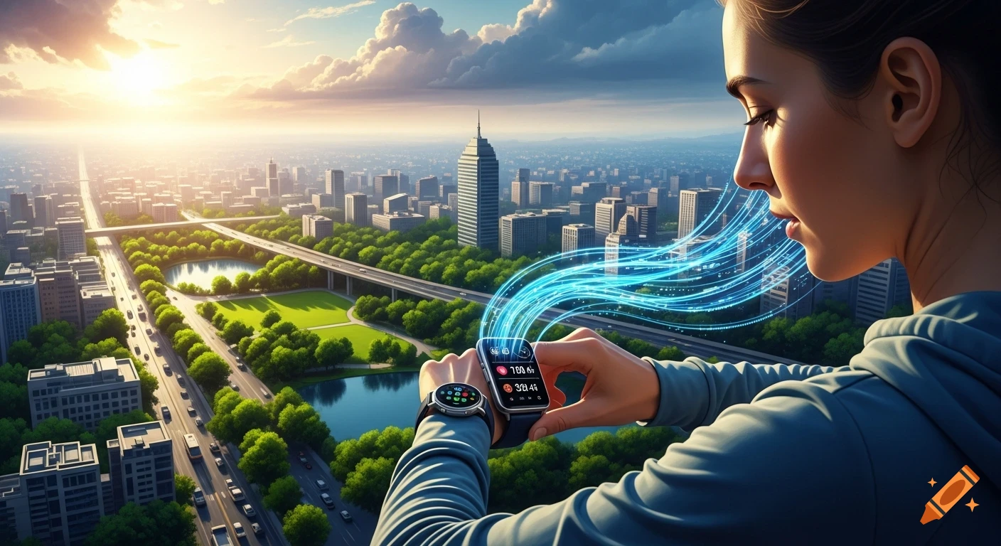 A woman checks her smartwatch, glowing data streams connecting her to a vibrant city skyline at sunset.